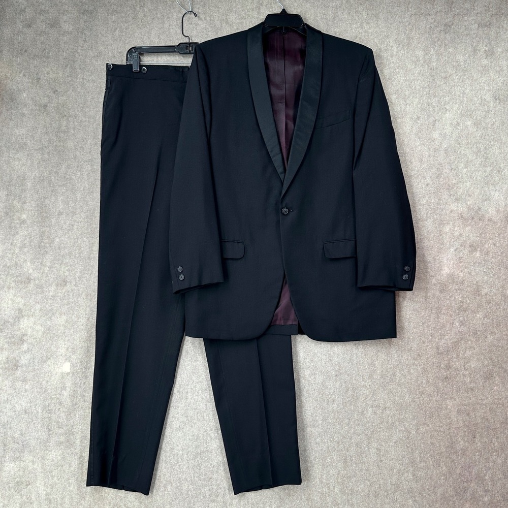 VTG Palm Beach Tuxedo Suit 42 XL Blazer Jacket‎ 37X33 Side Stripe Pants Black